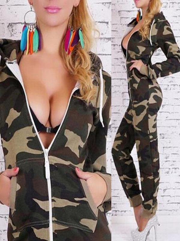 Femmes Zipper Élastique Combinaison Barboteuses Décontracté Col En V À Manches Longues Camouflage Imprimer Moulante Pleine Longueur Mince Sexy Combinaisons Body