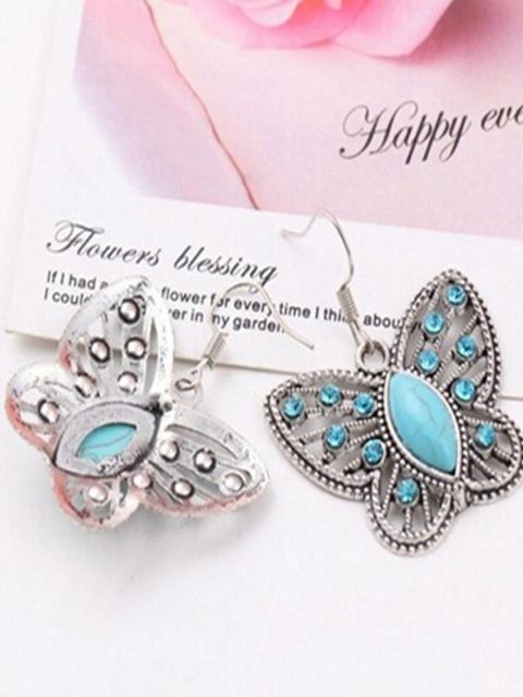 Retro- reizend ethnische tibetanische silberne lange Schmetterlings-Tropfen-Ohrringe silberner glänzender Türkis-Anhänger baumeln Ohrringe für Frauen Art- und Weiseschmucksachen