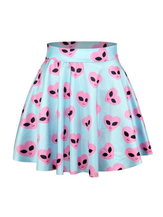 Sommarmode Kvinnors främmande Emoji digitaltryck hög midja klänningar Flared Skater Mini kjolar