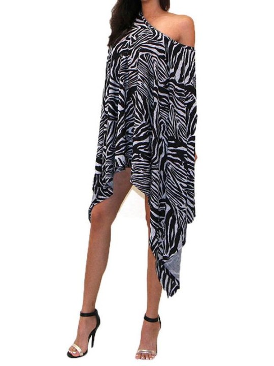 Dömutíska í aukastærð Óformleg ein öxl Vintage svart / hvítt mynstur prentun Kjóll ósamhverfar kjólar