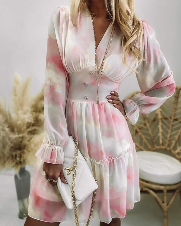 Tie Dye Frill Hem Shirred takaisin mekko