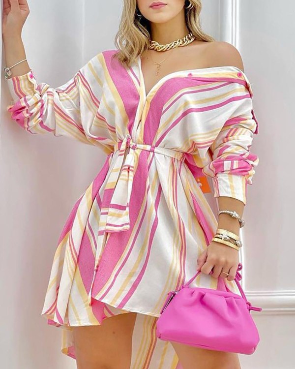 Robe chemise rayée à manches longues et color block