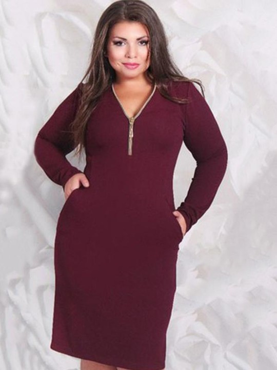 Plusstørrelse Kvinders efterårsmode V-hals Afslappet kjole Bodycon-kjole Lige blyantkjole