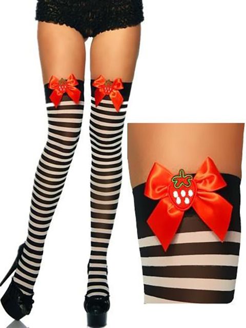 MODE FÉMININE Bas de cuisse à rayures noires et blanches Fête fantaisie avec nœud à la fraise
