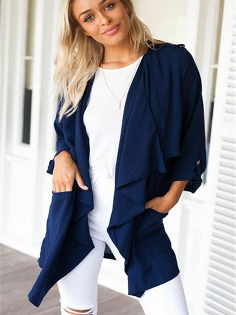 Frauen Herbst New Fashion Sublime OL Langarm Chiffon Unregelmäßige Lange Jacke Mantel Outwear