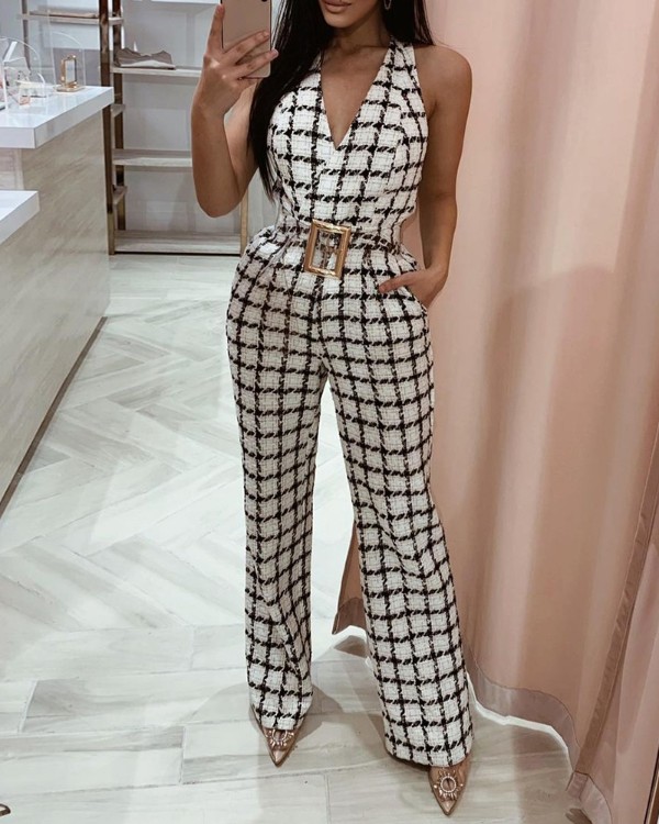 Plaid Print Pocket Design Sleeveless Jumpsuit