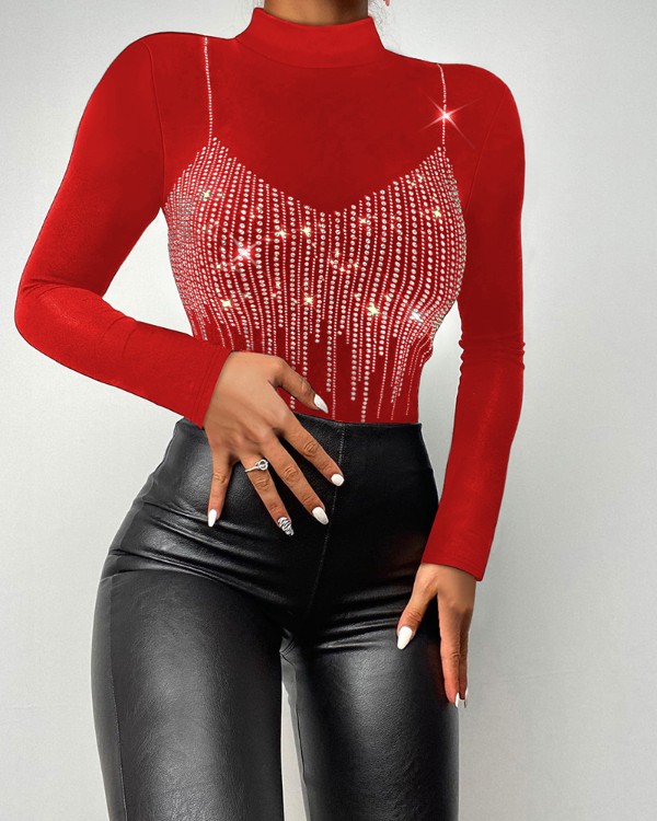 Rhinestone Decor Mock Neck Long Sleeve Tee Slim Fit Hollow-out Back Top