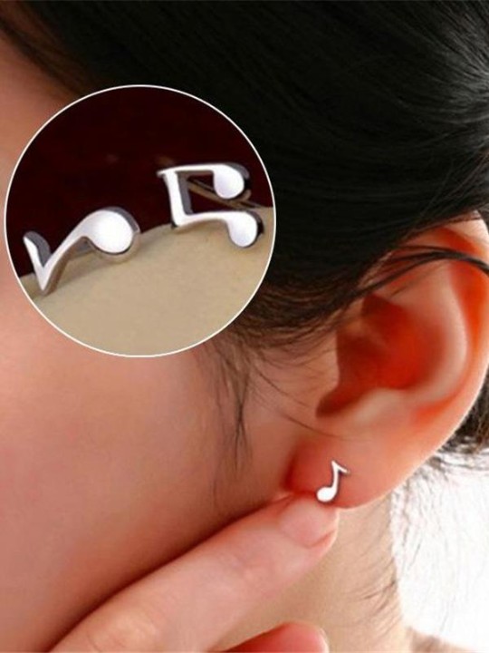 Fashion Lovely Cute 925 Sterling Silver Asymmetry Musical Note Shape Ear Stud Earrings Unique Artistic