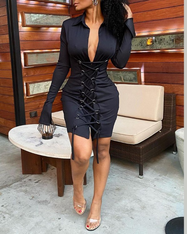 O Ring Lace Up Plunge Ruched Skinny Shirt Dress