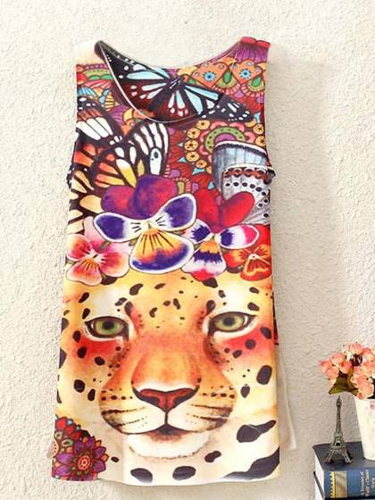 Las mujeres del estilo del verano forman el leopardo sin mangas 3D imprimió la blusa de la camisa chaleco sin mangas