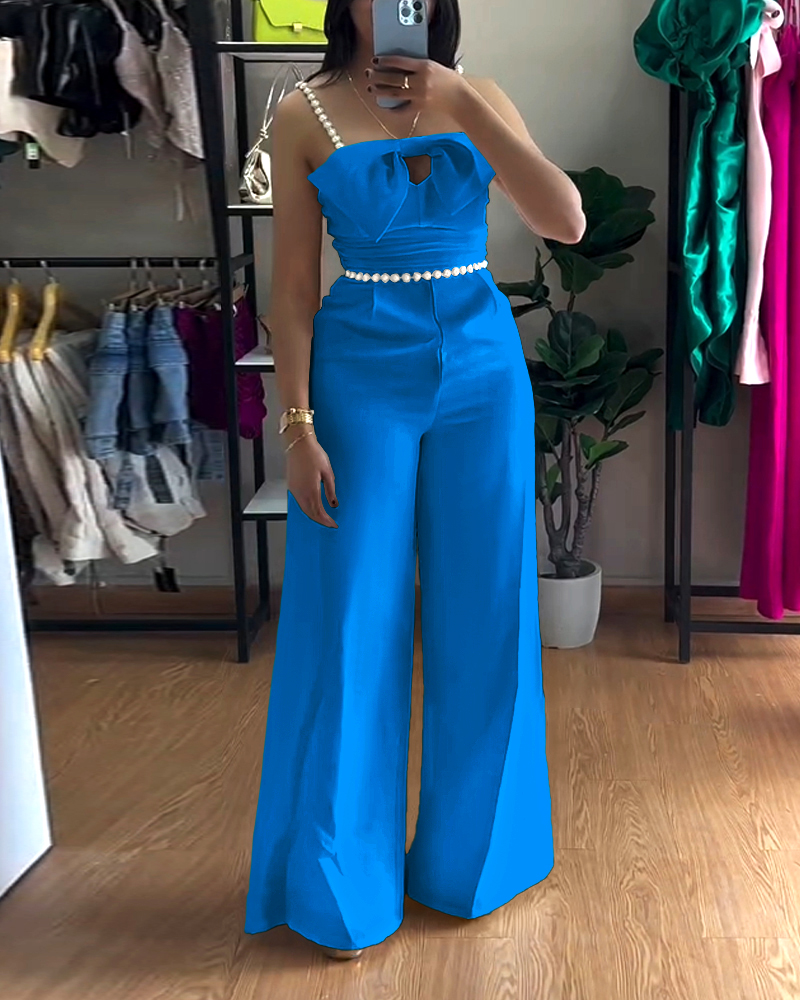 Bowknot Decor Beaded Spaghetti Strap Hollow-out Jumpsuit Casual Cinched Waist Peated Front Wide Leg Jumpsuit