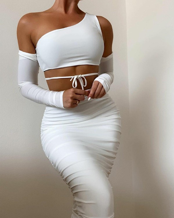 One Shoulder Tie Front Crop Top & pils sett
