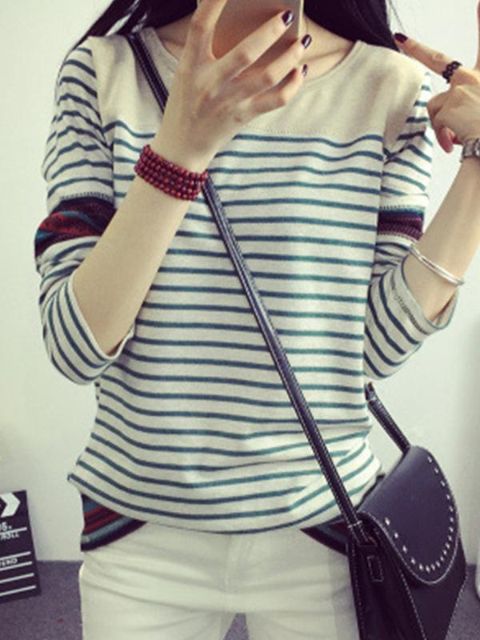 Moda Outono Mulheres Listras Mangas Compridas Camisola Moda Casual O Pescoço Estilo Preppy Solto Tops &amp; T-Shirts