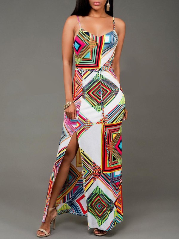 Ermalaus uppskerutegund kvenna hlið geometrísk stafræn prentun kvöldkjóll Maxi kjóll