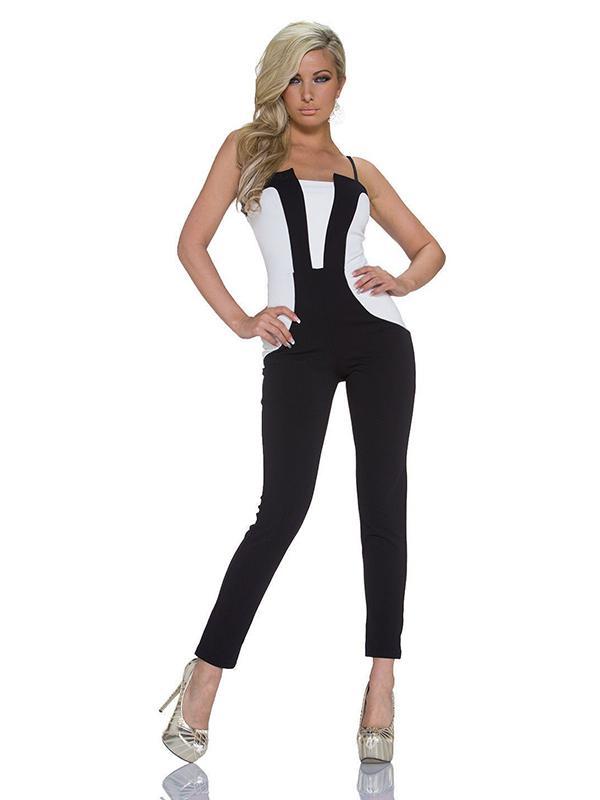 Vintage naisten olkaimeton musta valkoinen ompelemalla yksiosainen jumpsuit pitkät housut haalarit