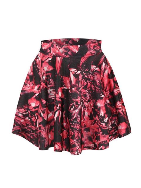 Moda para mujer Rojo Pintura Impresión digital Vestidos de cintura alta Flared Skater Mini faldas