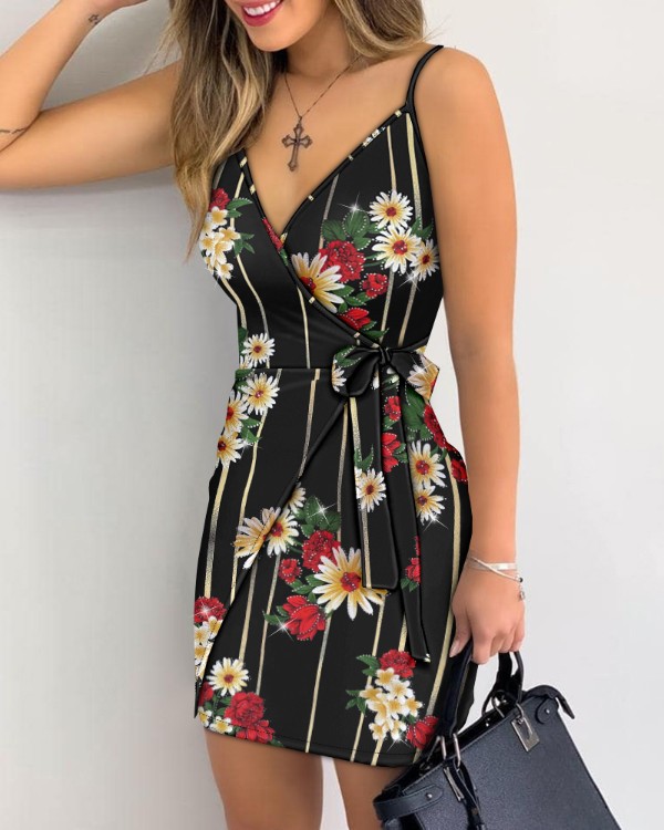 Vestido mini informal con escote en V, tirantes finos y estampado floral con purpurina y detalle de lazo cruzado