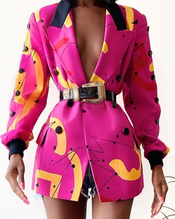Graphic Print Long Sleeve Blazer Coat