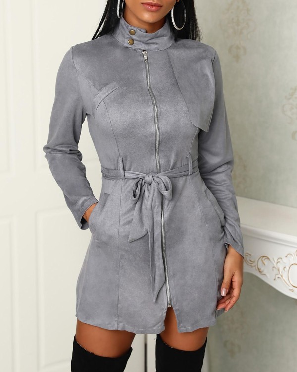 Zipper Front Pocket Design Belted Dress
