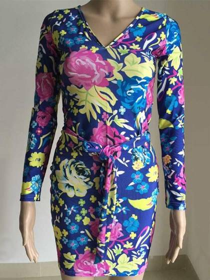 Damklänning för klassiskt tryck Mode Långärmad bandageklänning Smala Casual Klänningar