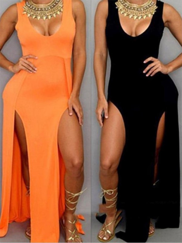 Kynþokkafullur kvenpoki á hliðinni Body Bodycon kjóll Hringlaga kraga Ermalaus strandkjóll