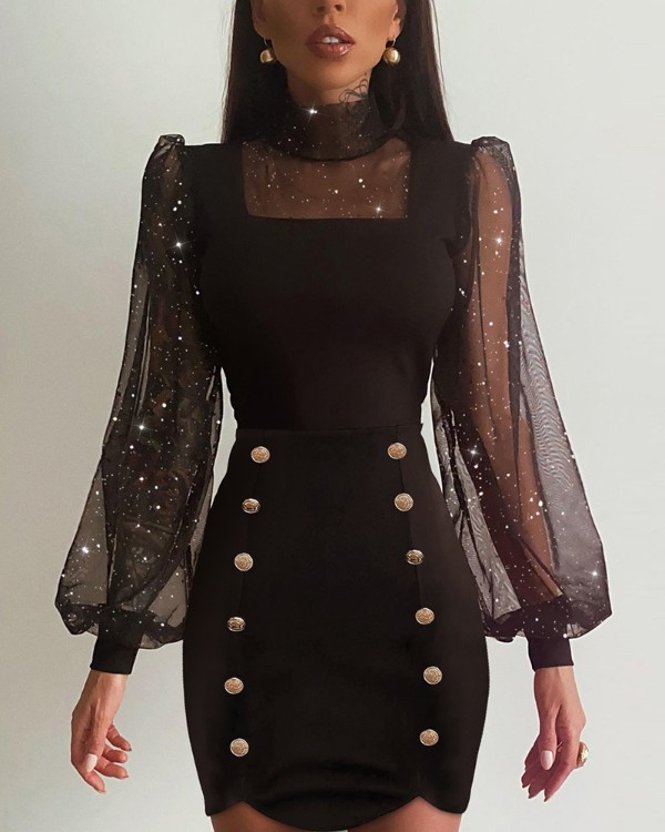 Contrast Mesh Long Sleeve Glitter Bodycon Dress