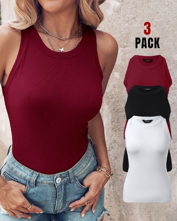 3-Pack Knit Round Neck Sleeveless Ribbed Racerback Tank Tops(Without Pads)