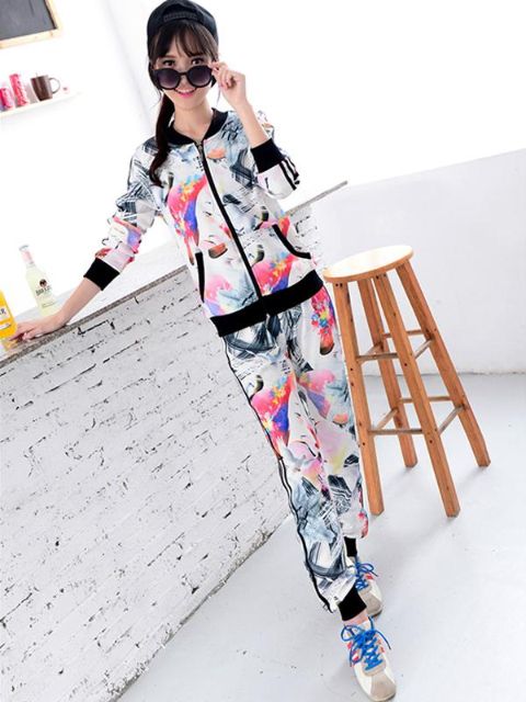 Mode Casual Sportdräkt Kvinnor Graffiti Mönster Dräktuppsättningar 2 Stycken Bomull Långärmad Blus + Leggings / Pennbyxor / Skinny