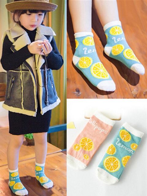 Sweety sítrónumynstur krakka mjúkir bómullarsokkar Andar bómullargólfsokkar Vetrarsokkar
