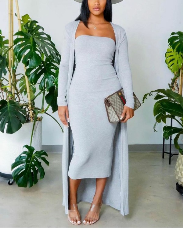 Solid Tube Bodycon Dress With Longline Coat