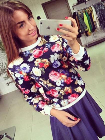 Sexig blommönster rund hals långärmad svett söta tröjor Topptröjor utkläder