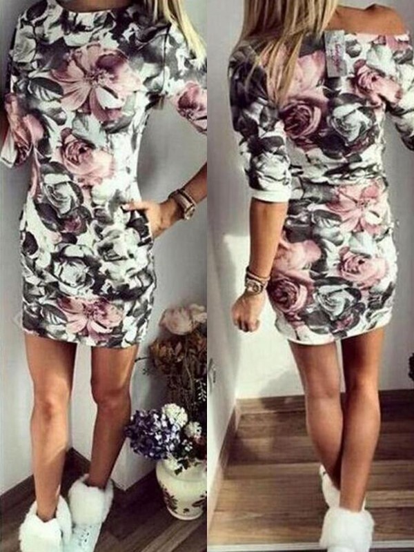Mode Sexet kvindes langærmet Bodycon kjole Elegant rund krave Oversized Print kjole