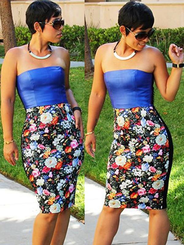 Nouvelle mode sexy moulante mince hors épaule patchwork imprimé floral robe t-shirt