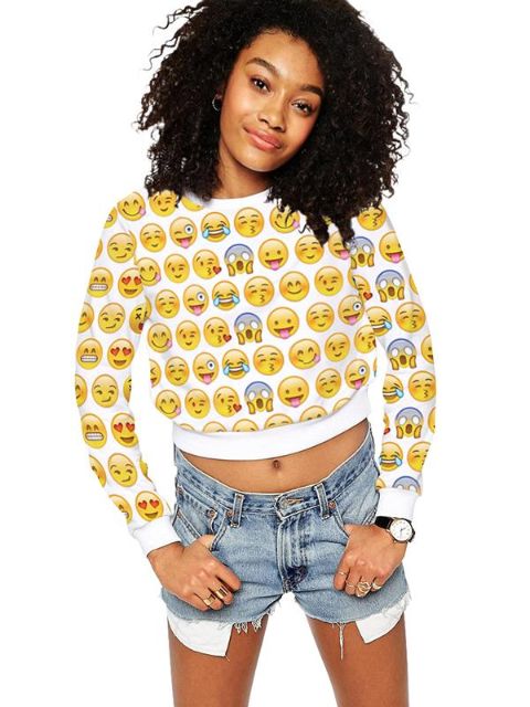 Hipster mujer moda Emoji Emoji impresión manga larga recortada Top Sudadera Pullovers