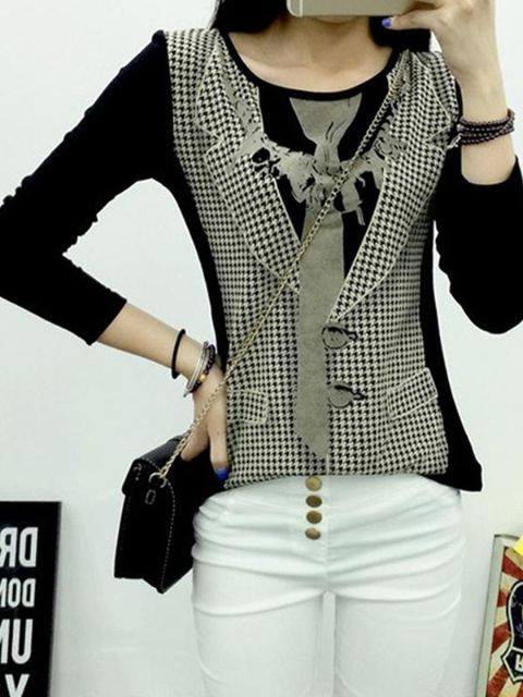 Moda Otoño Mujeres Slim Thin Top Bodycon Plus Size Fake Camiseta de dos piezas Casual O-cuello Camisa suelta