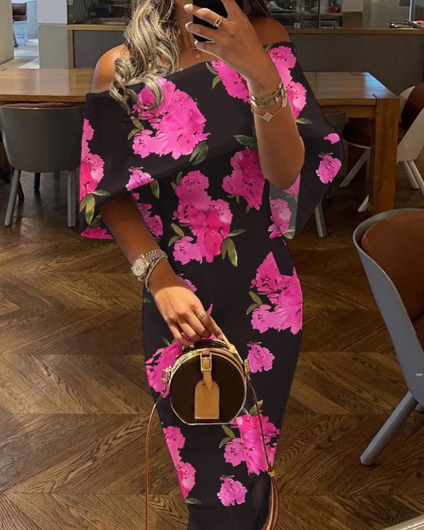 Blommigt tryck Off Shoulder Cape Design Skinny festklänning