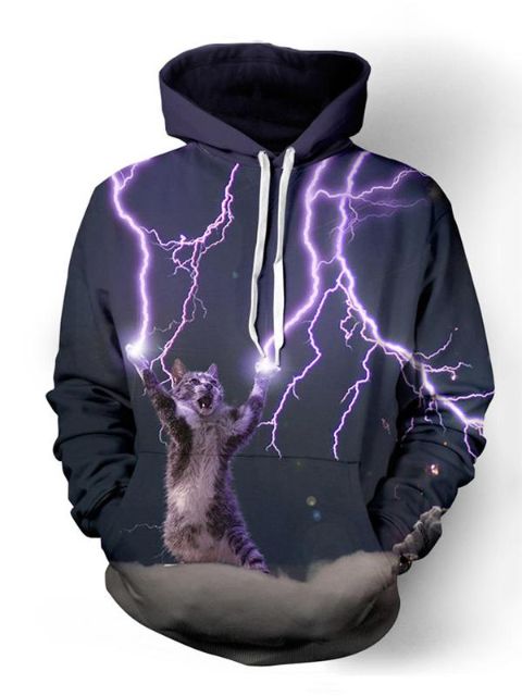 Hipster Young Fashion Uisex Cat Catches Lightning Print Black Hoodies Pullovers Outwear
