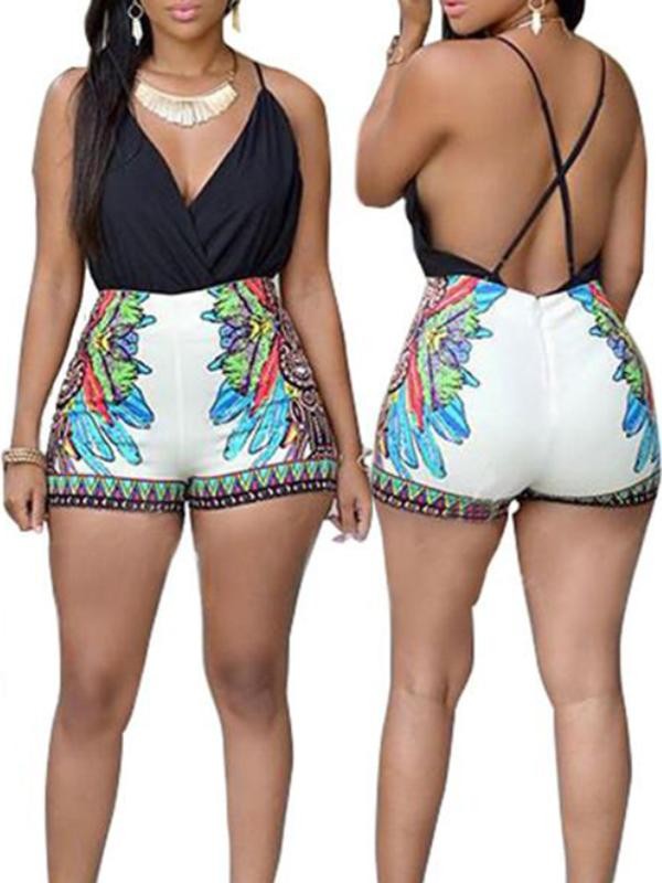 Naisten syvä V-kaula Strappy Back Paisley Print Bodysuit Rompers Summer Beach Shorts -hyppypuku