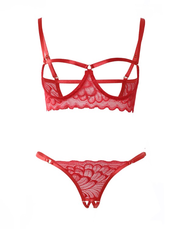 Conjunto de lencería sin entrepierna de pecho abierto con recorte de encaje