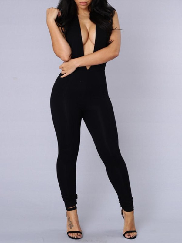 Sexy Frauen Schwarz Sleeveless Tiefem V-ausschnitt Hohe Qualität Casual Overall Spielanzug Overall Lange Hosen
