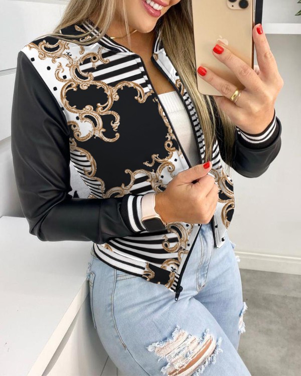 Retro trefilprentað rennilás að framan PU leðurblettur baseball yfirhafnir