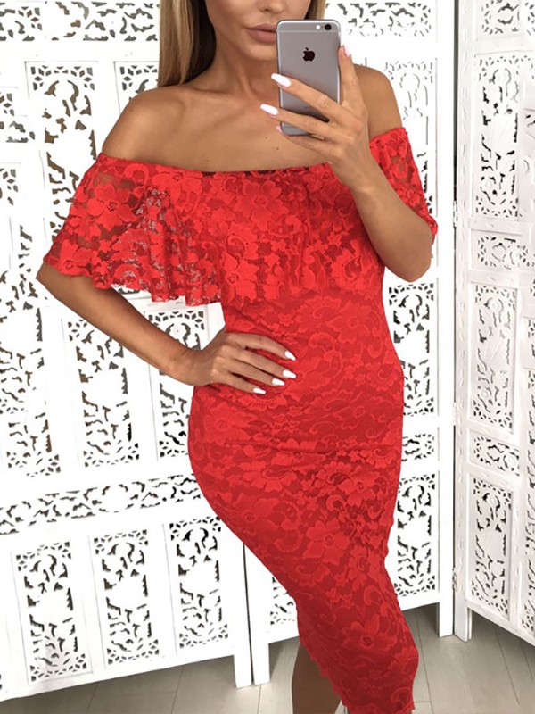 Ruffled Off Shoulder Lace Applique Bodycon Midi Dress