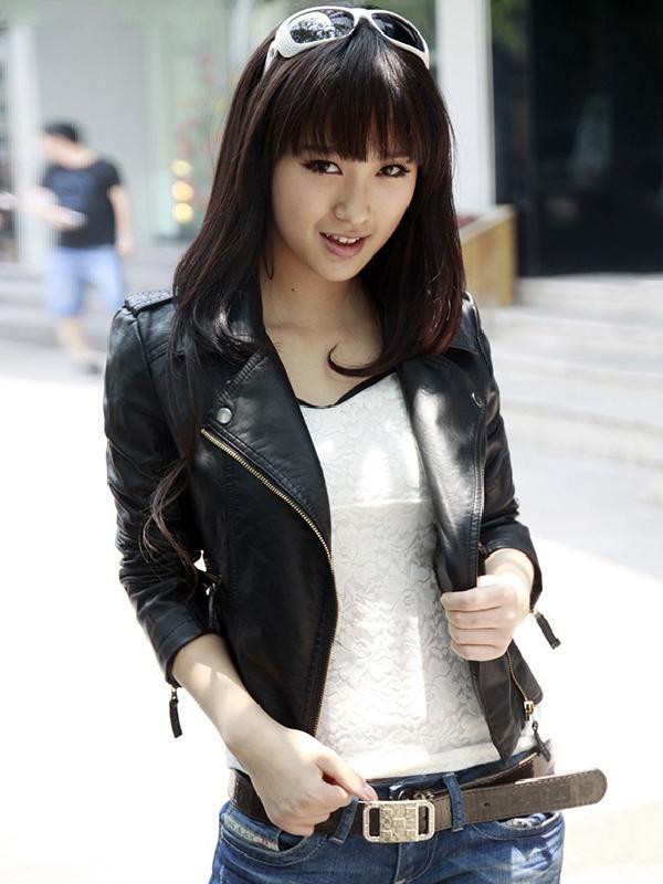 Töff PU leðurskyrta stutt mótorhjól mótorhjólamaður jakka kvenna svartur rennilás gervi leðurfrakki