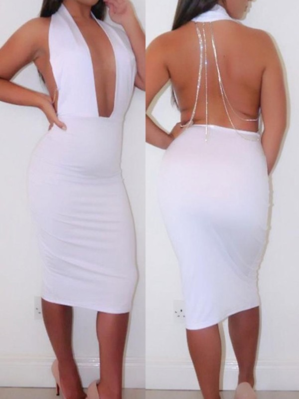 Das mulheres Sexy Profunda Decote Em V Sem Encosto Bandage Vestido Cor Sólida Sem Mangas Slim Fit Halter Voltar Fechado Bodycon Vestido