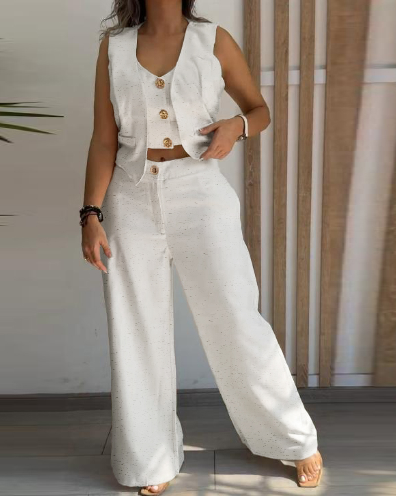 2 Pieces Outfits Metal Button Decor V Neck Sleeveless Tank Top and Casual Plain Loose Fit Pants Set