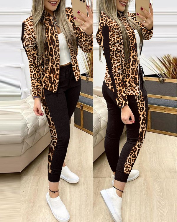 Conjunto de chaqueta con cremallera de leopardo en contraste y pantalón con cordón