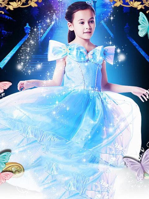 Mode Sød Eventyr Askepot Babypiger Blå Kjole Europa Off Shoulder Prinsesse Tutu Kostume Kjole Børnetøj