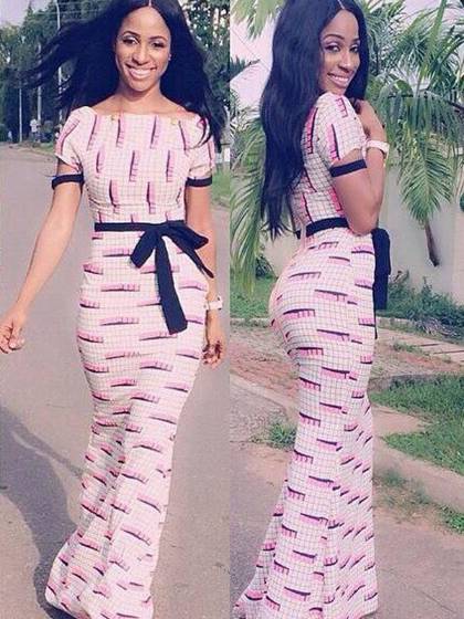 Mode féminine Sexy Bowknot Ceinture Longueur cheville Imprimé Stretch Robe de soirée moulante