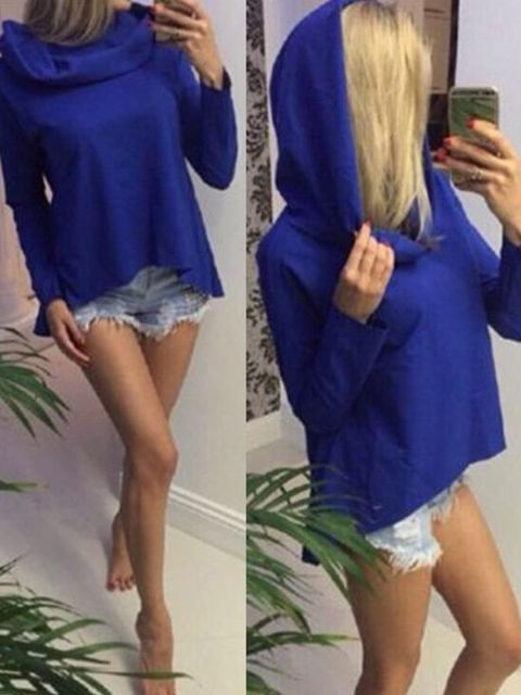 Casaco de inverno da queda das mulheres cor sólida Irregular com capuz Pullover mulheres manga comprida Hoodies