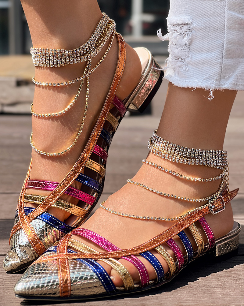 Multicolor Strap Point Toe Buckle Casual Flat Sandals